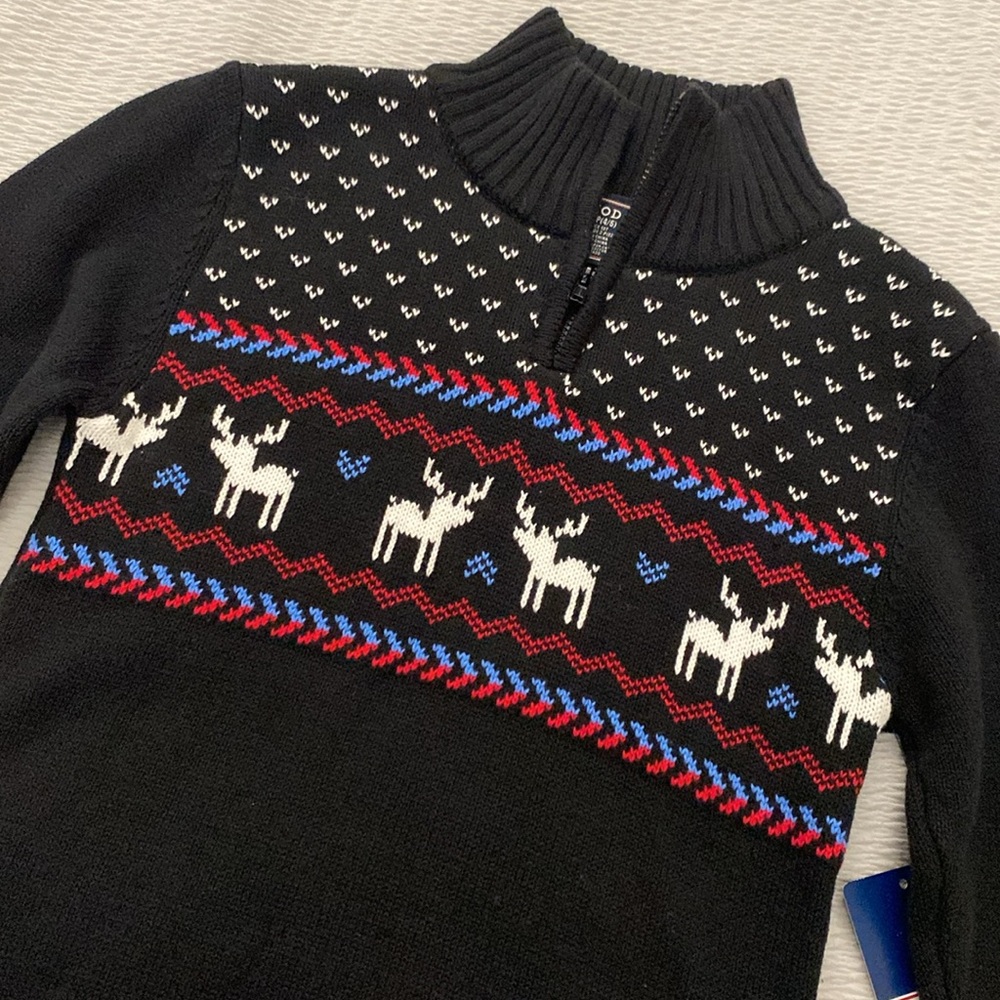 Izod Boys Sweater XS 4/5 Black 1/4 Zip Mock Neck Reindeer Fair‎ Isle